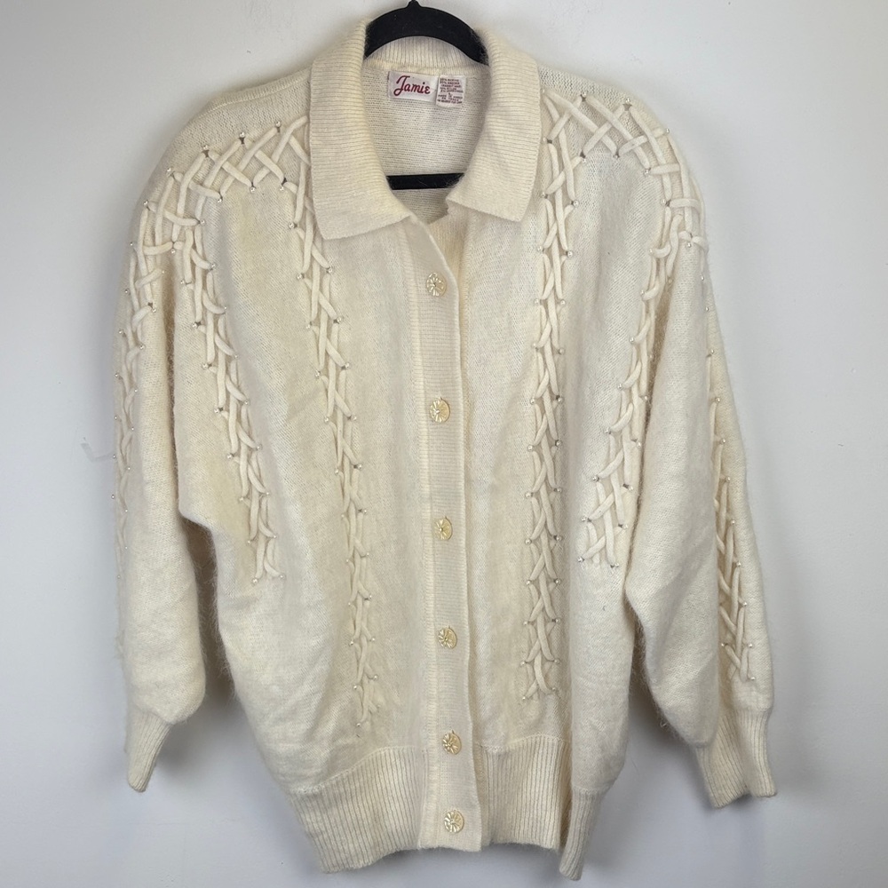 Vintage Jamie Ivory Beaded Cardigan Lattice Knit Angora Blend Sweater Size Large